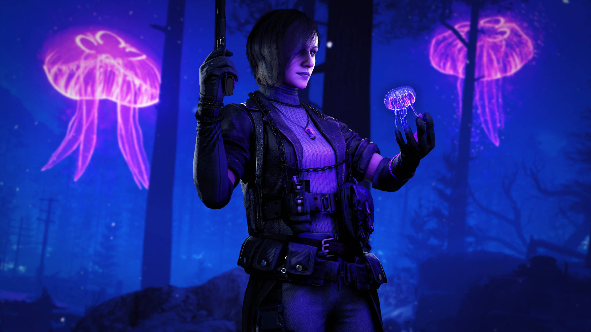 Samantha Maxis, glowing pink jellyfish, dark forest, Full HD Desktop Wallpaper
