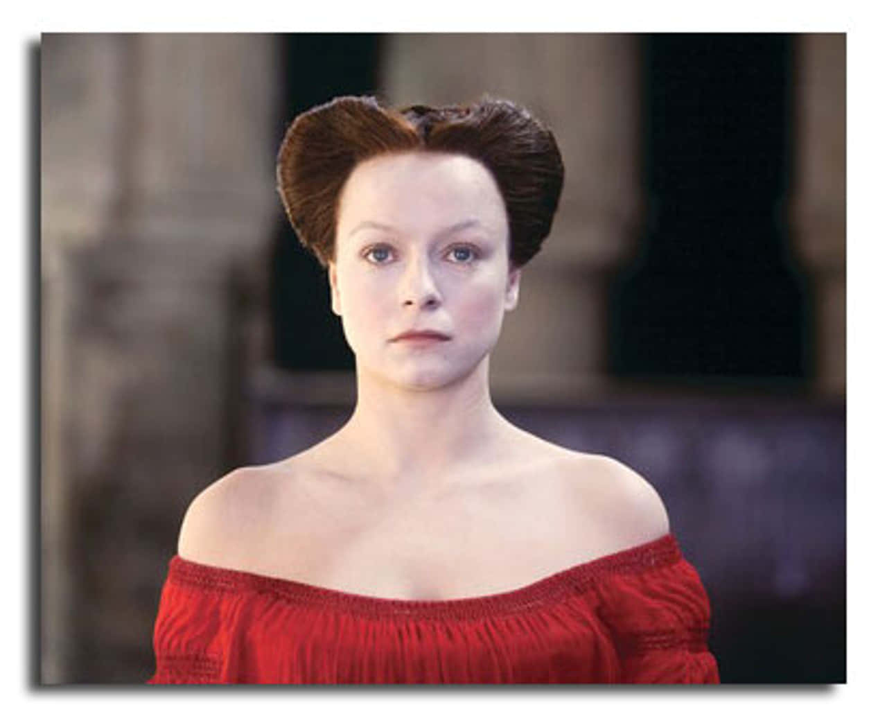 Samantha Morton, vibrant red off-shoulder dress, pale makeup, HD Desktop Wallpaper
