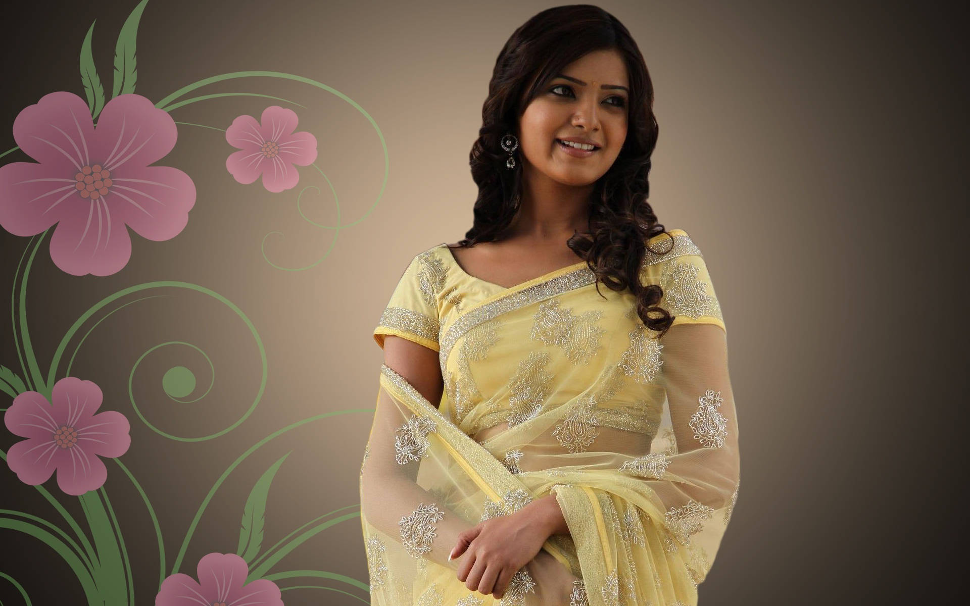 Samantha, yellow saree, pink flowers, Full HD Desktop Wallpaper