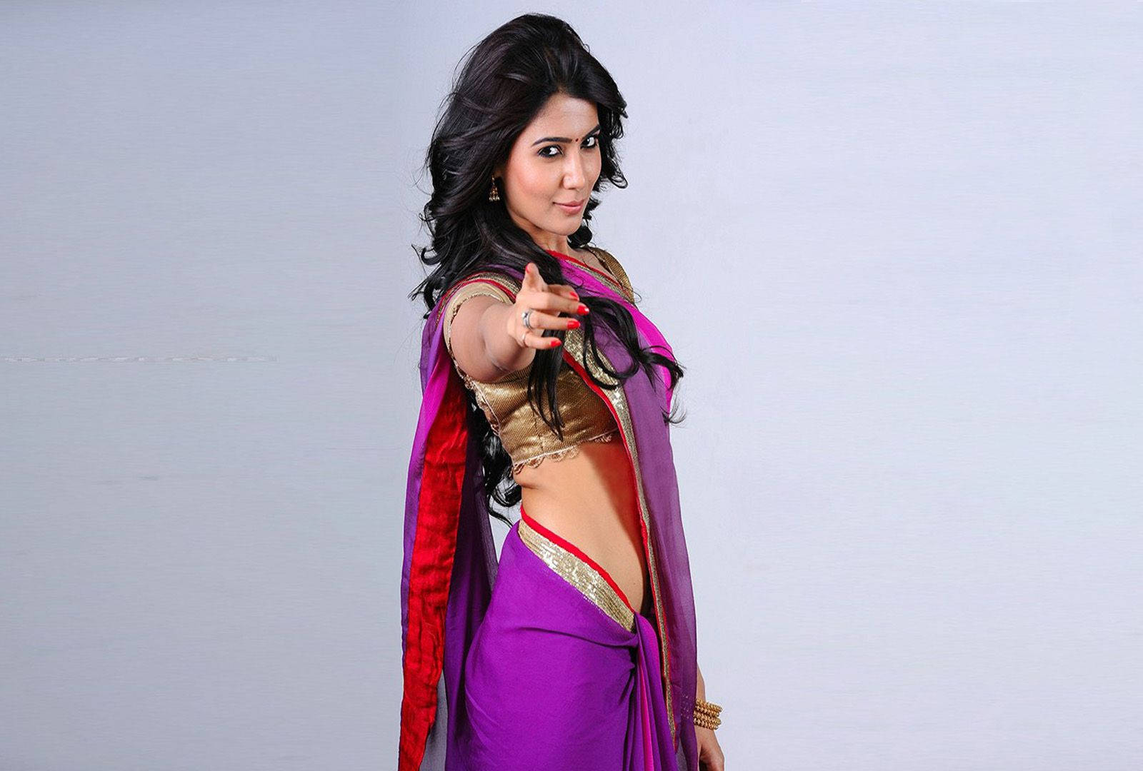 Samantha, purple saree, gold sari, HD Desktop Wallpaper