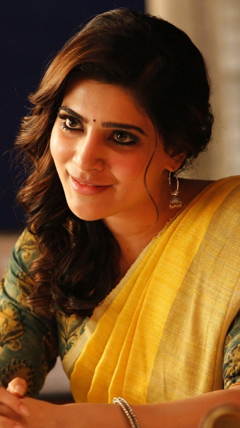 Samantha Saree, yellow and green patterned sari, soft lighting, HD Phone Wallpaper