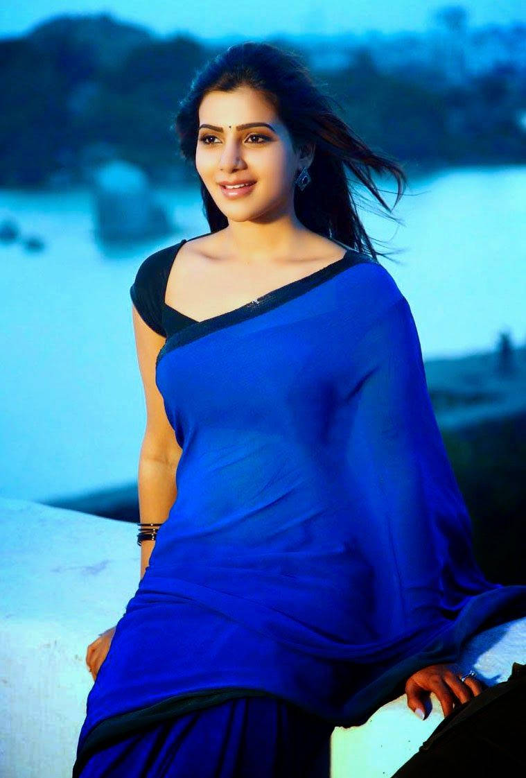 Samantha Saree, black and blue, vibrant blue sari, SD Phone Wallpaper