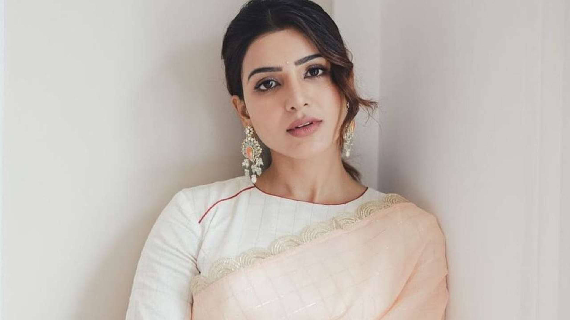 Samantha Saree, white and peach saree, intricate embroidery, Full HD Desktop Wallpaper
