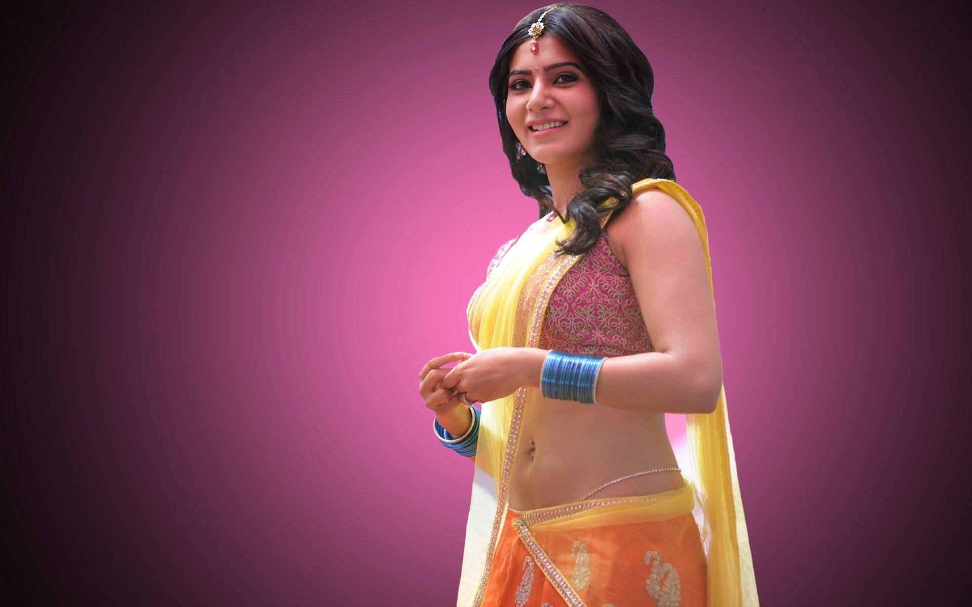 Samantha Saree, vibrant traditional Indian attire, magenta background, Full HD Desktop Wallpaper