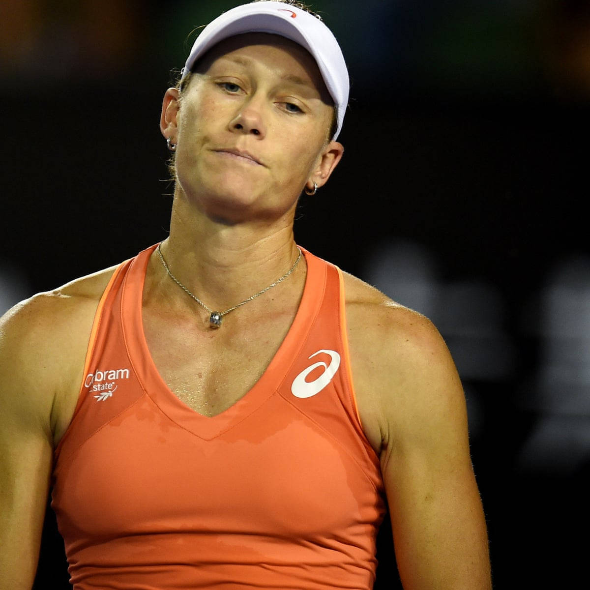 Samantha Stosur, orange tank top, white cap, SD Desktop Wallpaper