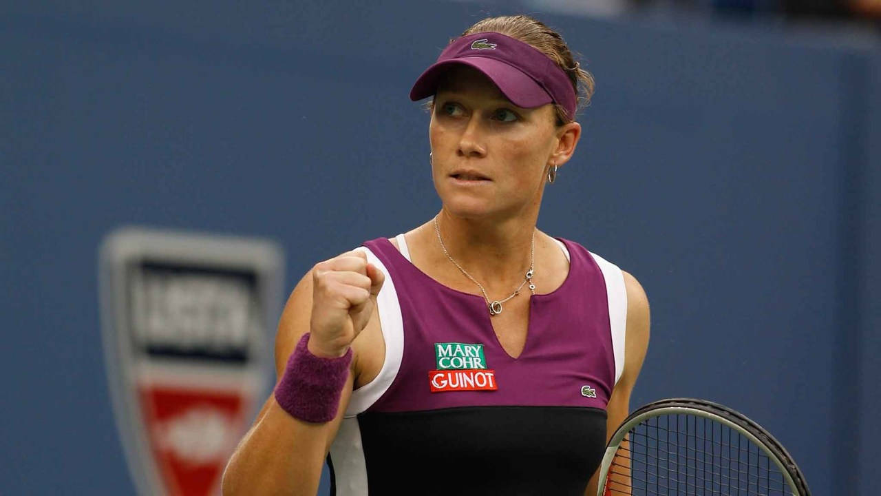 Samantha Stosur, purple and black outfit, blue court, HD Desktop Wallpaper