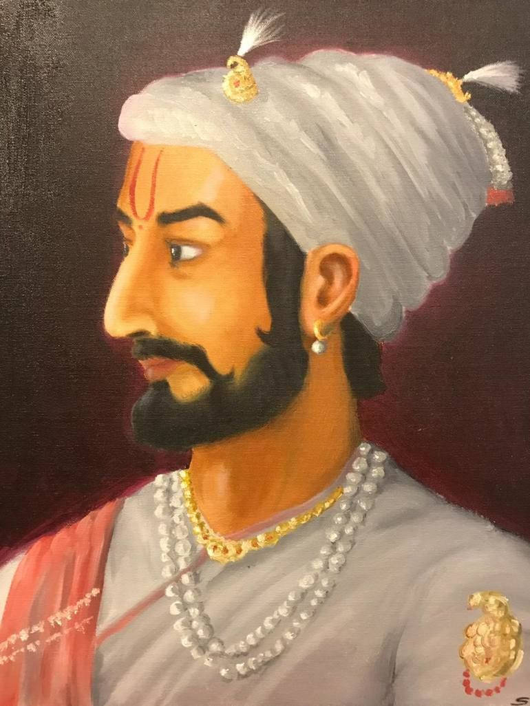 Sambhaji Maharaj, oil portrait, white turban, SD Phone Wallpaper