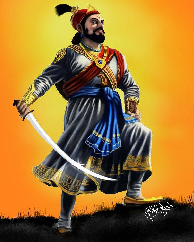 Sambhaji Maharaj, curved sword, ornate traditional attire, SD Phone Wallpaper