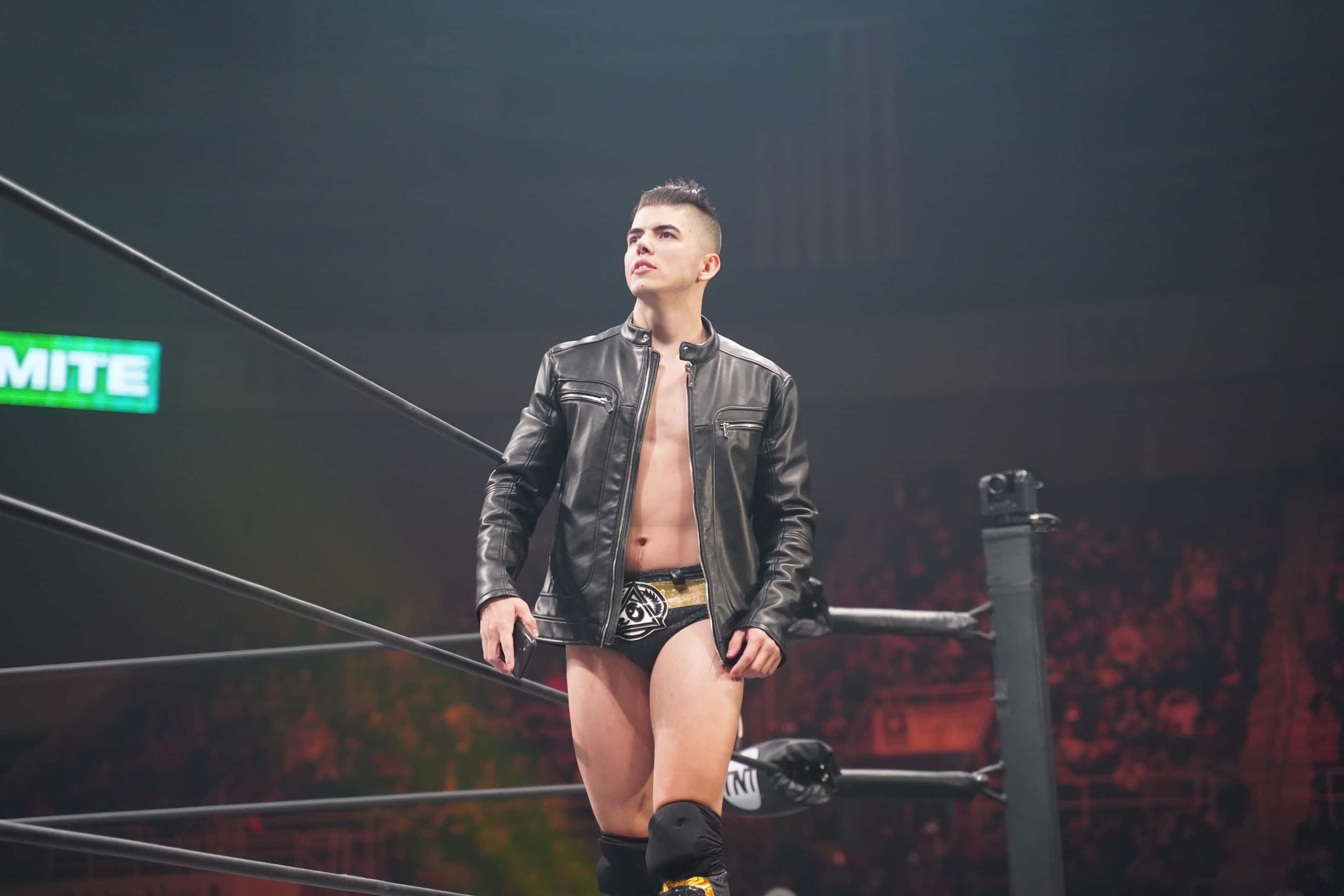 Sammy Guevara, black leather jacket, wrestling ring turnbuckle, 2K Desktop Wallpaper