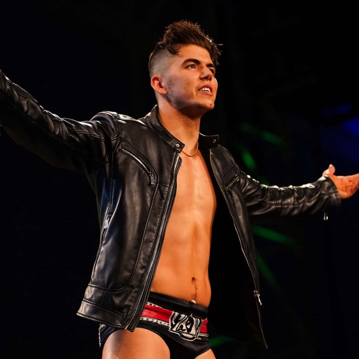 Sammy Guevara, black leather jacket, bright stage lights, SD Desktop Wallpaper