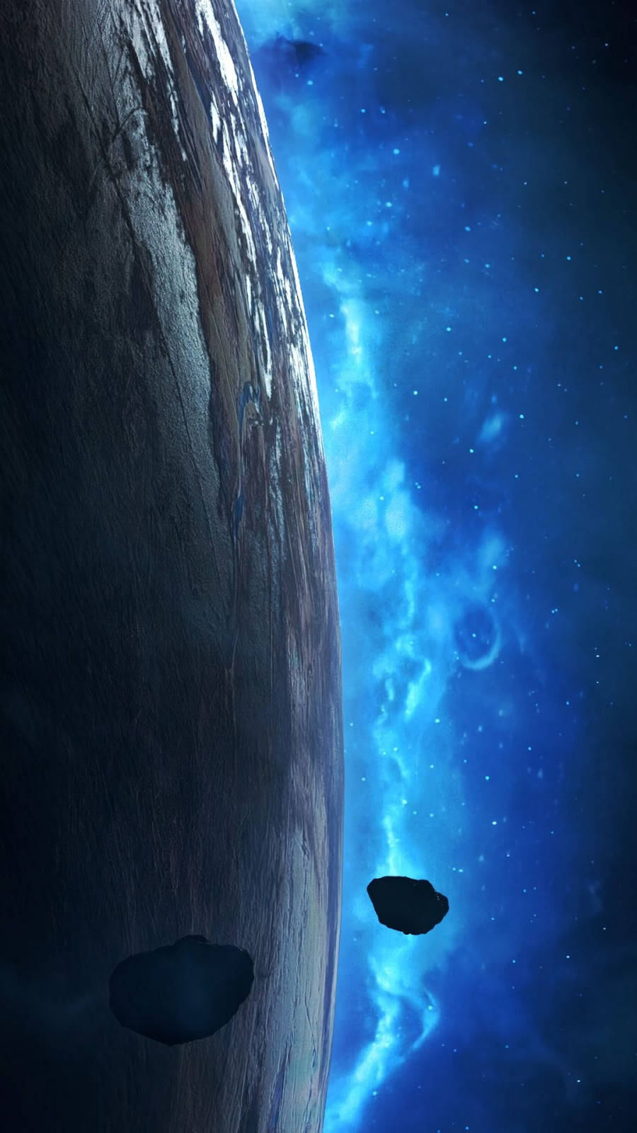 Samsung A71, orbiting asteroids, vibrant blue nebula, HD Phone Wallpaper