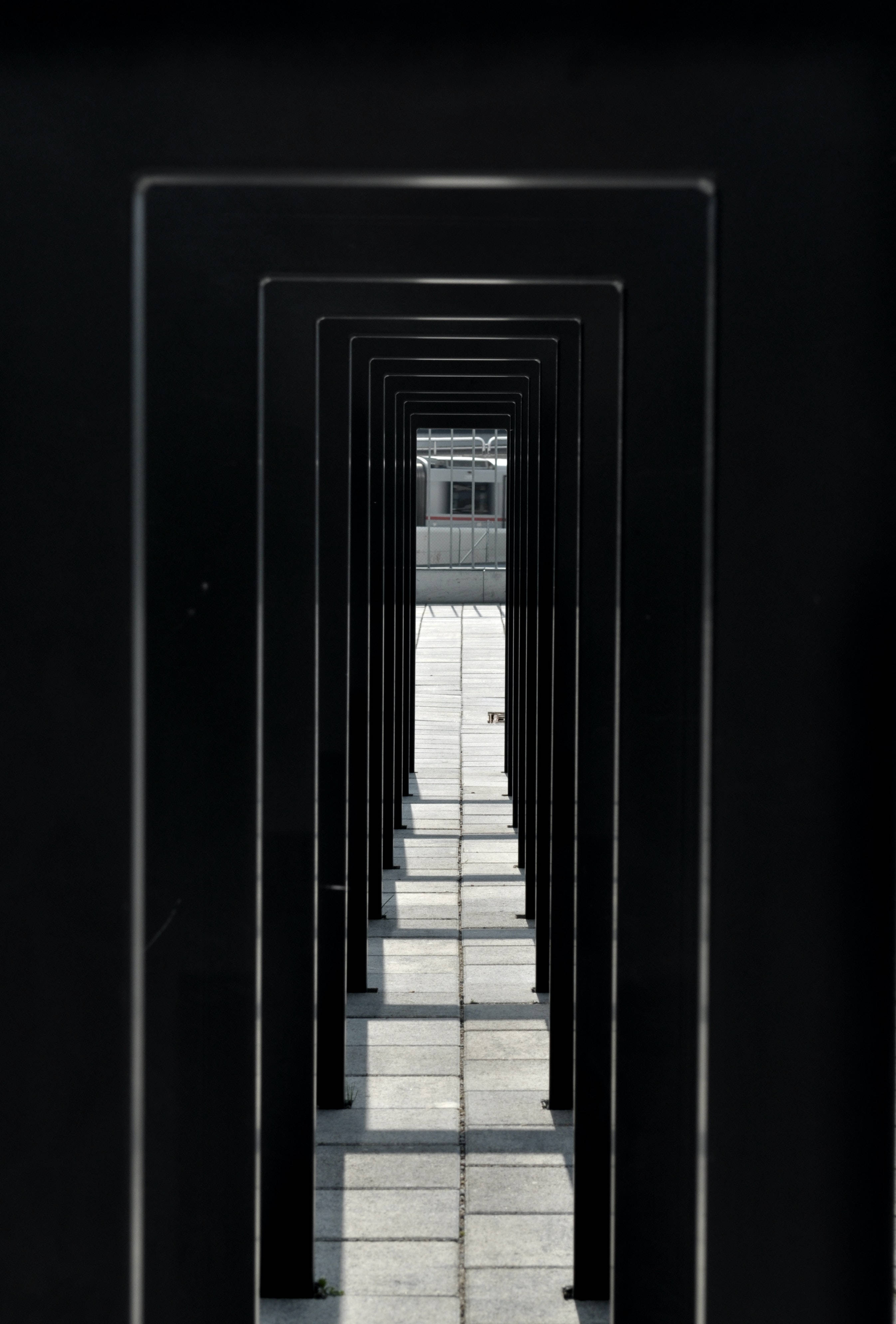 Samsung Black, black frames, bright tiled walkway, 4K Phone Wallpaper