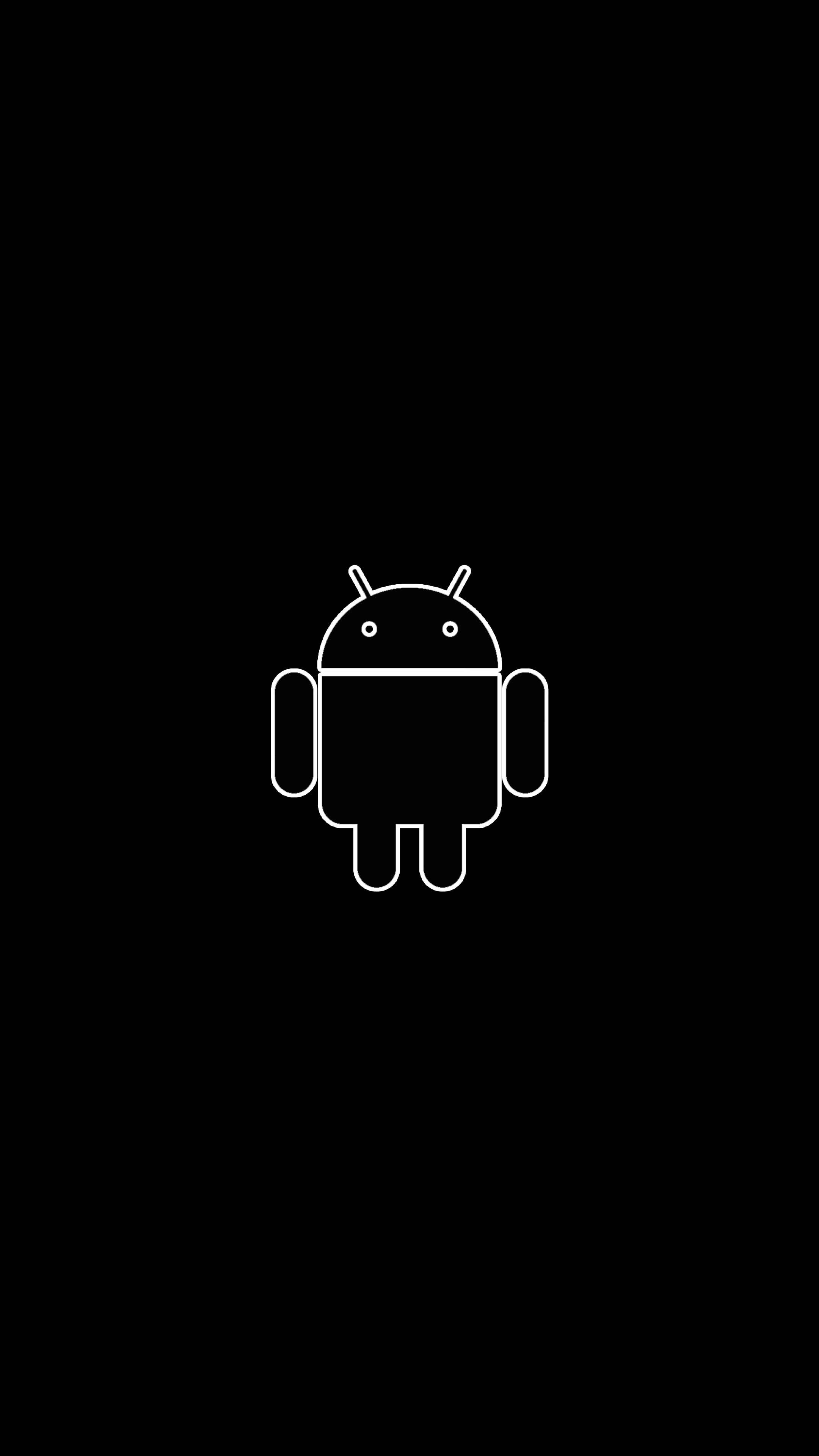 Android robot icon, black background, minimalist white line drawing, 4K Phone Wallpaper