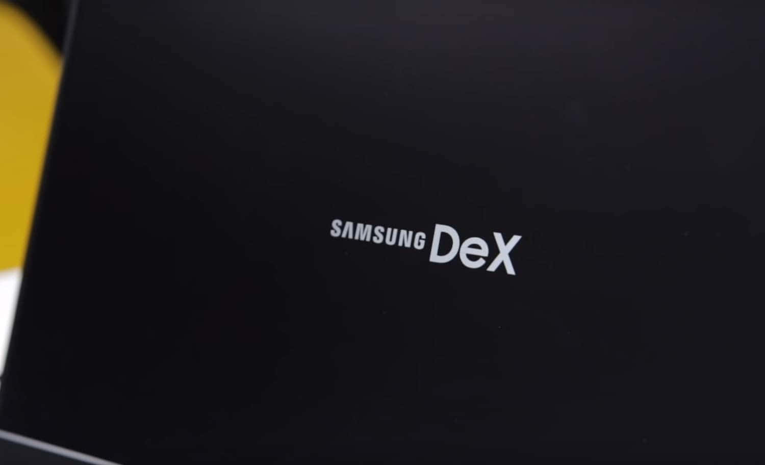 Samsung DeX, white text, glossy black surface, HD Desktop Wallpaper