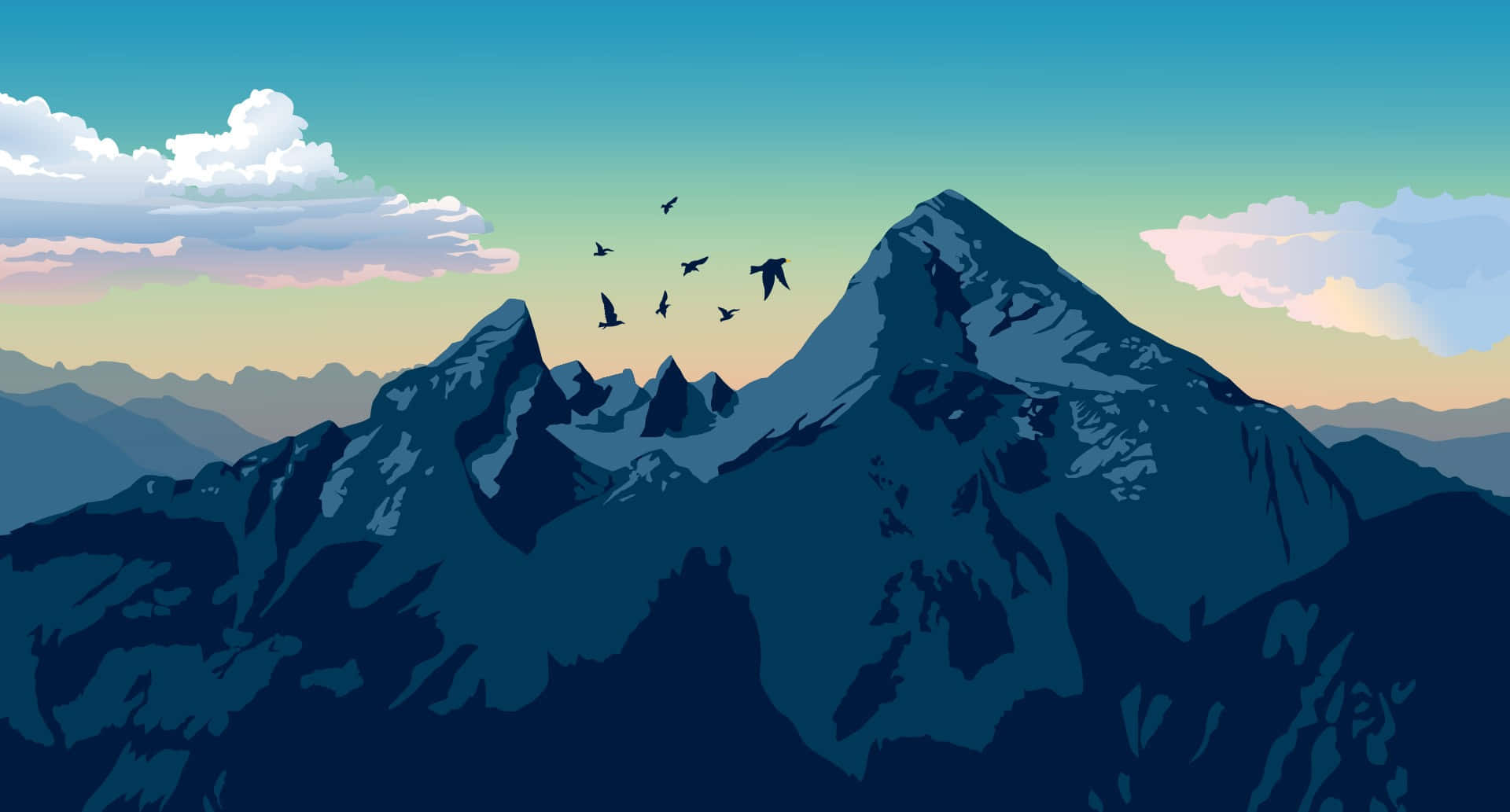Samsung Dex, flying birds, silhouetted mountain peaks, Full HD Desktop Wallpaper