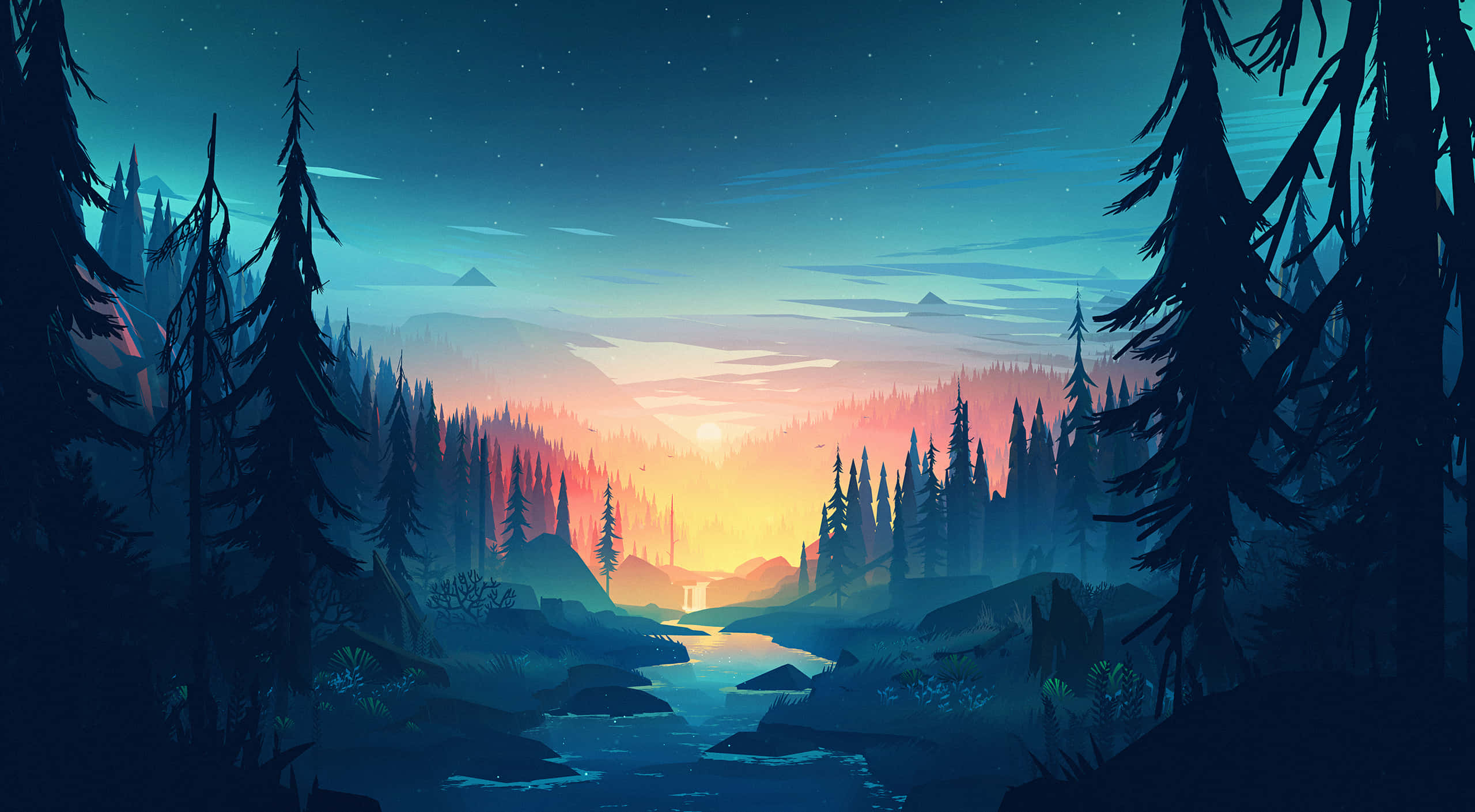 Samsung Dex, Warm Sunset, twilight forest, 2K Desktop Wallpaper