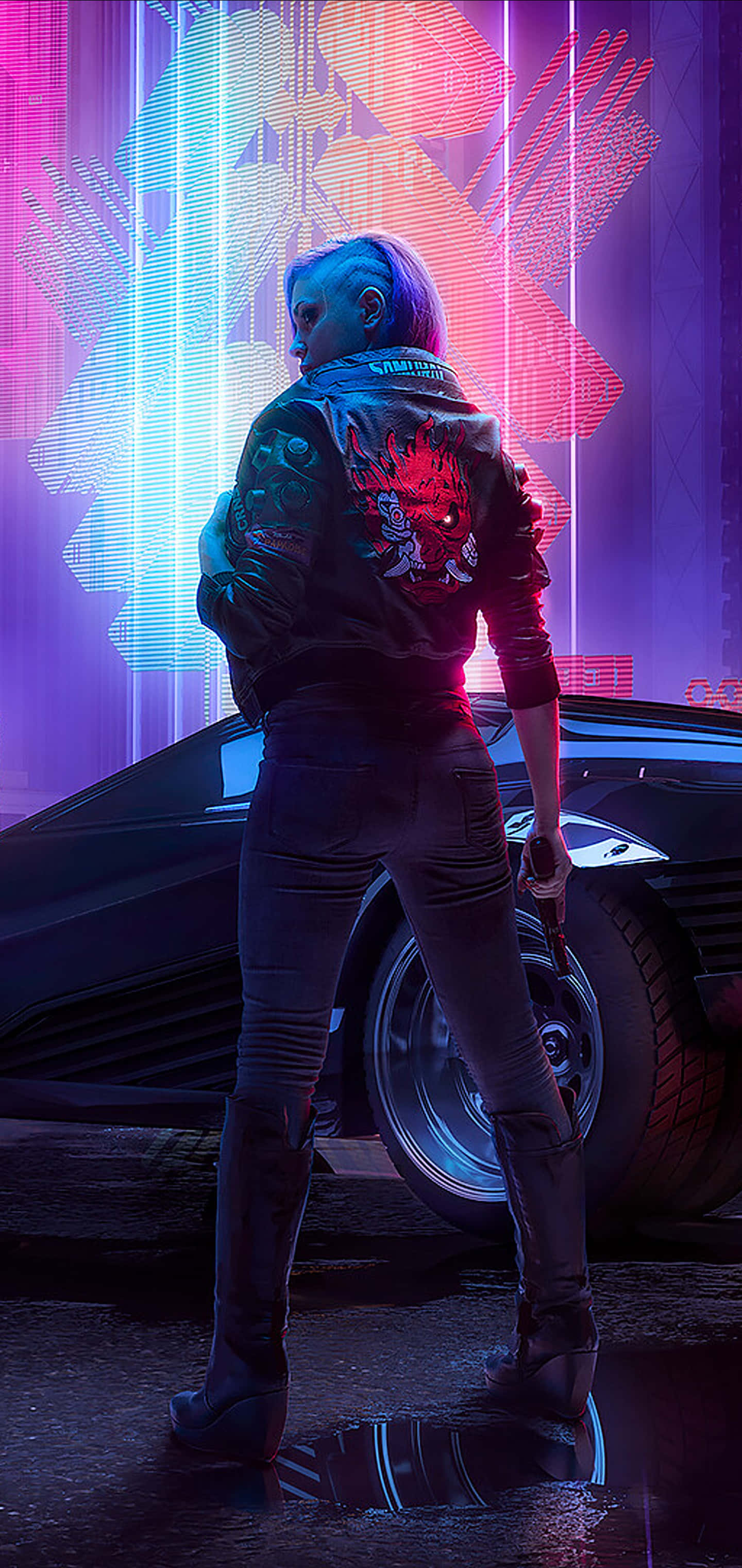 Samsung Galaxy Note 10 Plus, cyberpunk woman, purple hair, 2K Phone Wallpaper