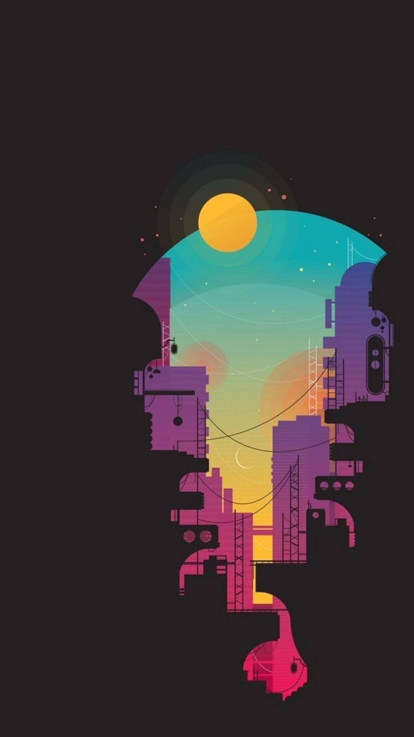 Samsung Galaxy S20, minimalist sunset art, vibrant purples, 2K Phone Wallpaper