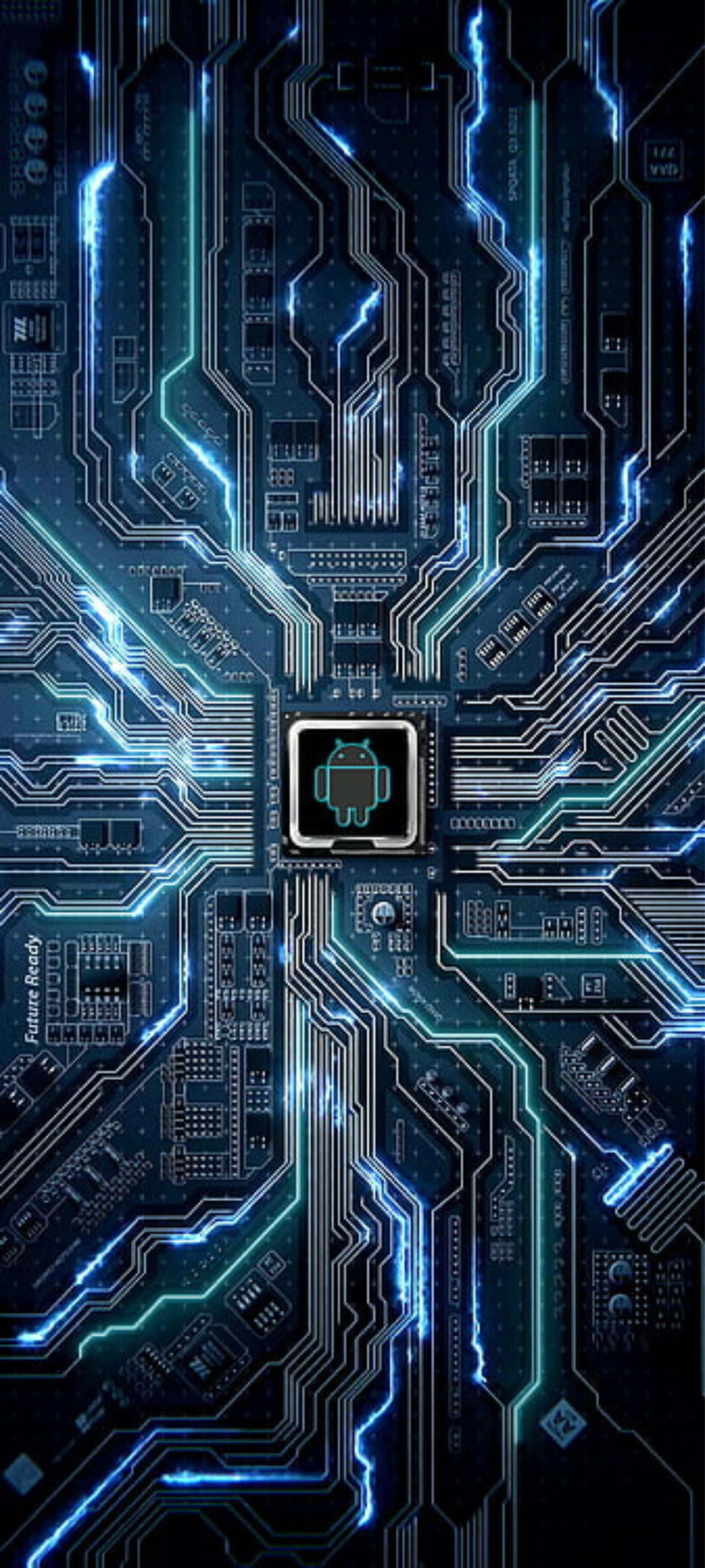 Samsung Galaxy S20, glowing blue circuit board, Android logo, 2K Phone Wallpaper