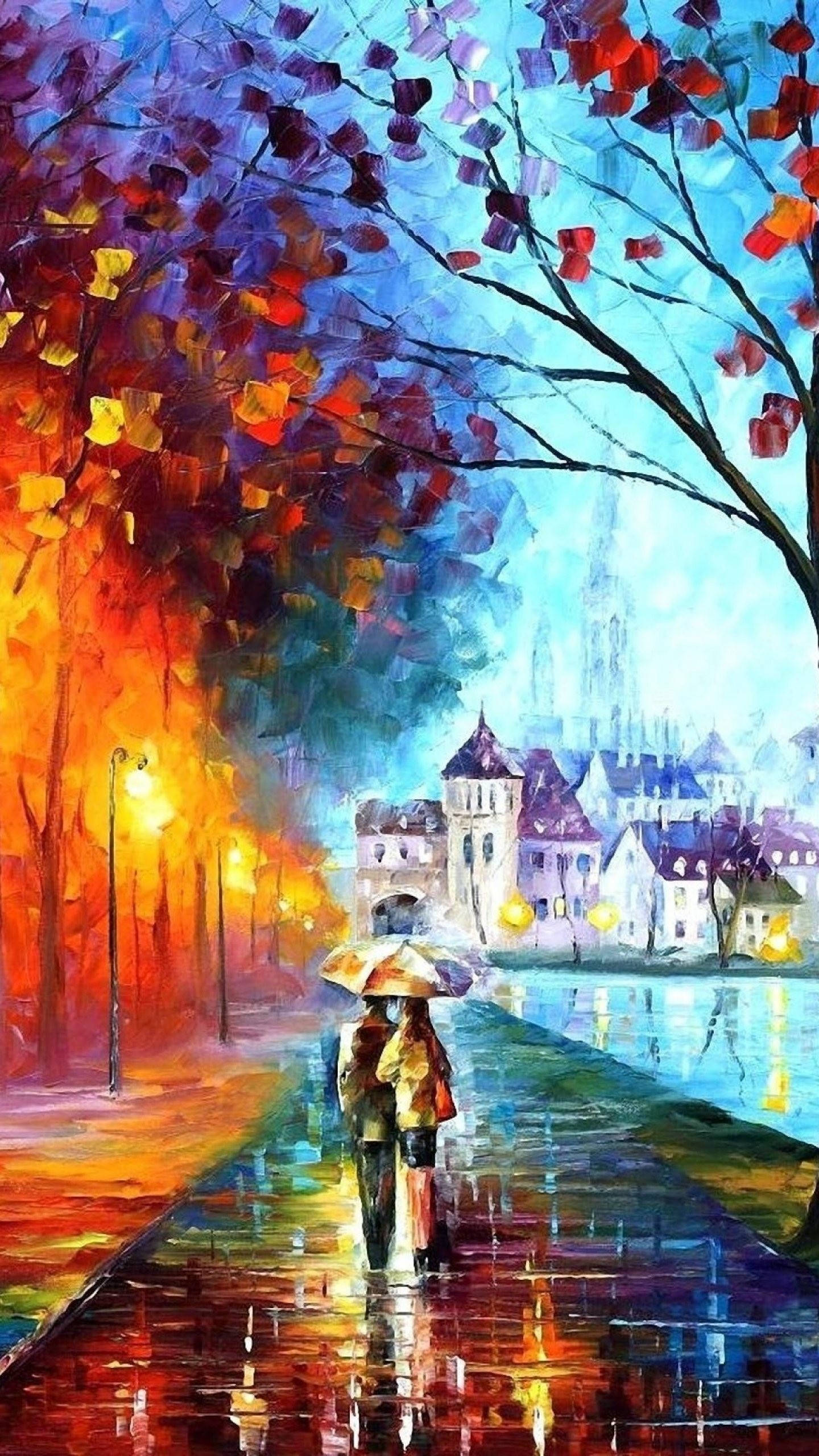Samsung Galaxy S6 Edge, autumn, rain-slicked street, 2K Phone Wallpaper