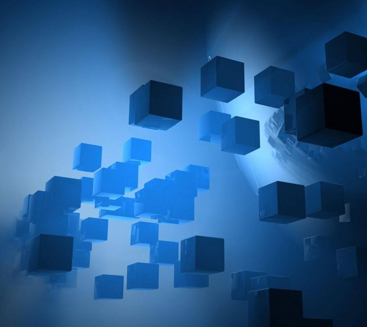 blue cubes, glowing digital void, soft light rays, HD Desktop Wallpaper