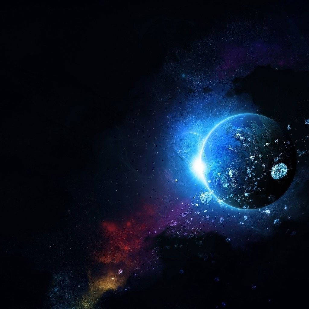 glowing blue planet, radiant sunburst halo, cosmic dust, SD Desktop Wallpaper