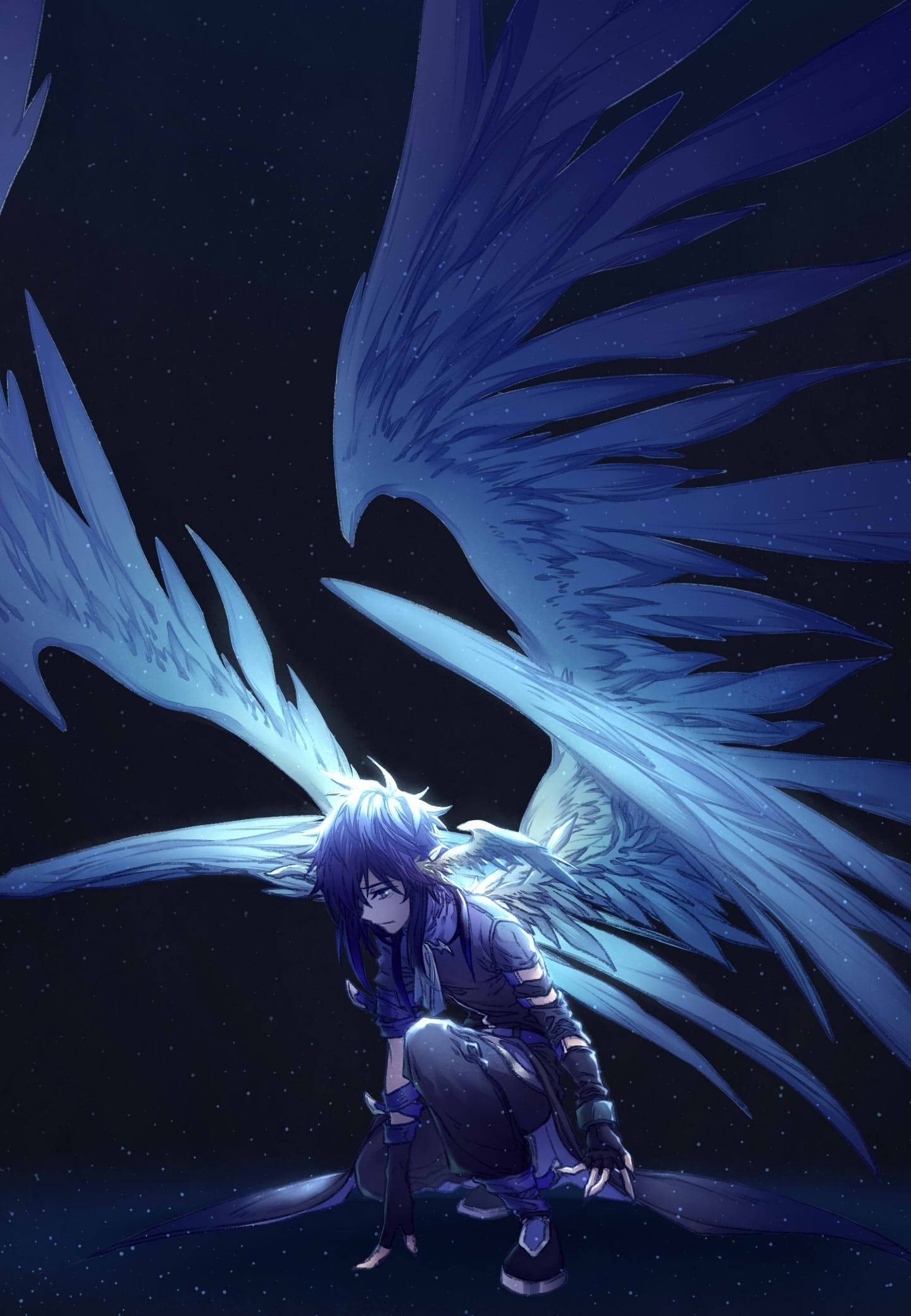 Samsung M21, anime boy, blue-winged anime character, Full HD Phone Wallpaper