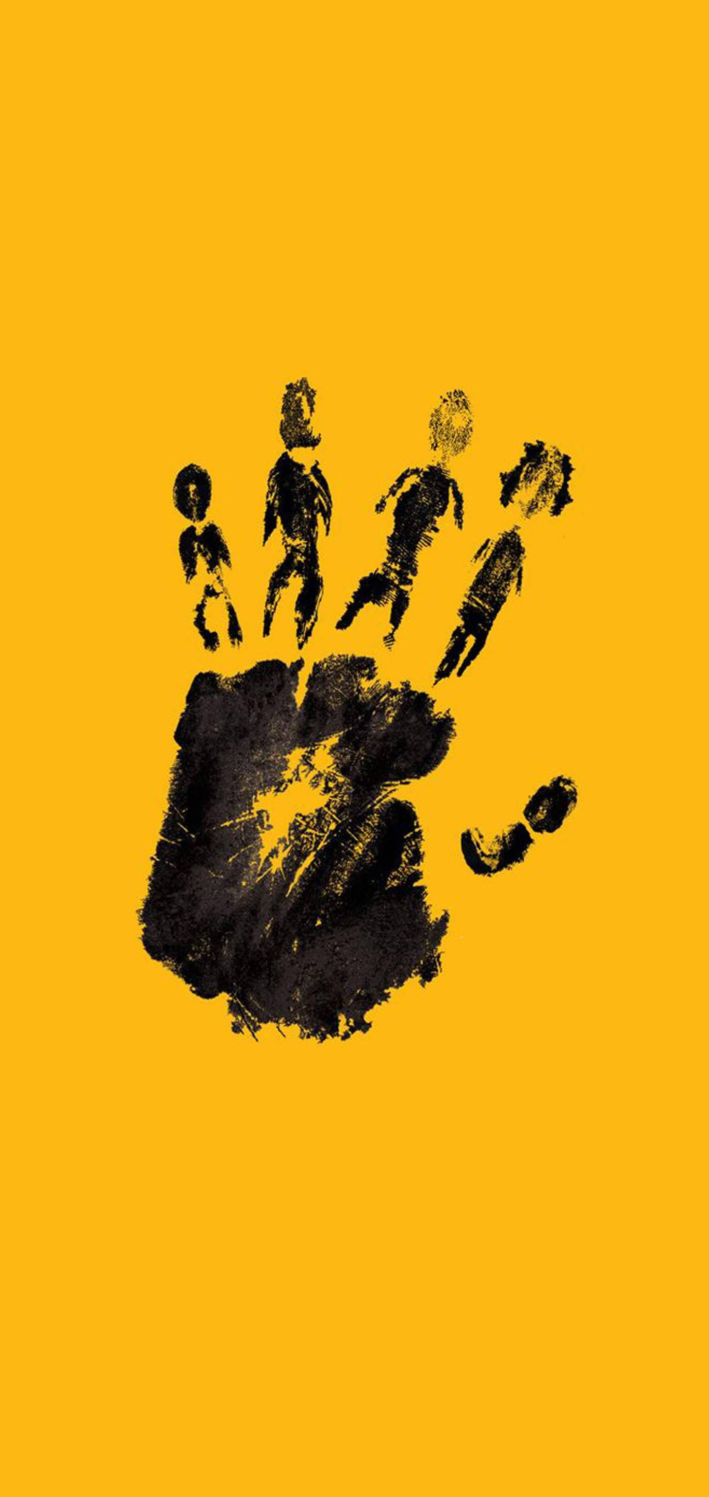 Samsung S20 FE, black handprint, vibrant yellow background, 2K Phone Wallpaper