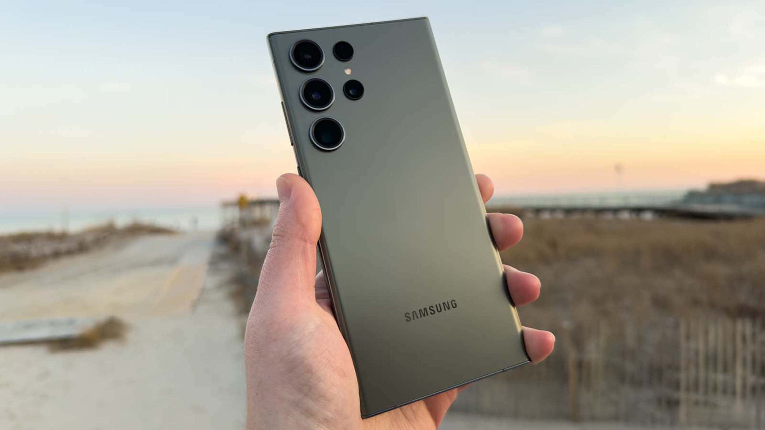 Samsung S23 Ultra, olive green, sunset beach backdrop, Full HD Desktop Wallpaper