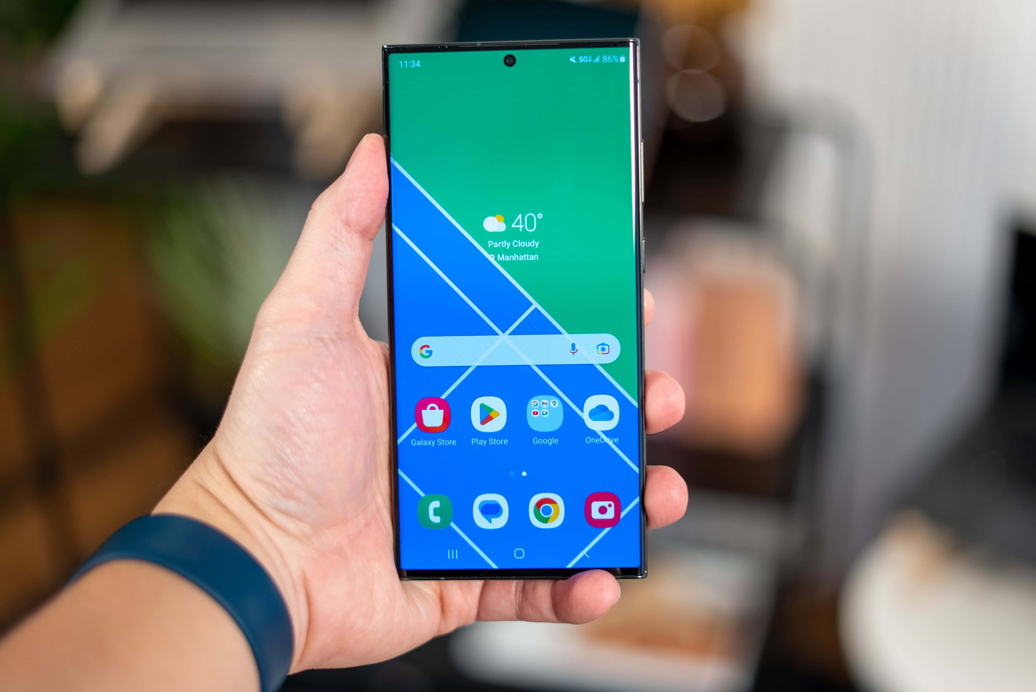 Samsung S23 Ultra, handheld display, vibrant blue and green geometric wallpaper, 4K Desktop Wallpaper