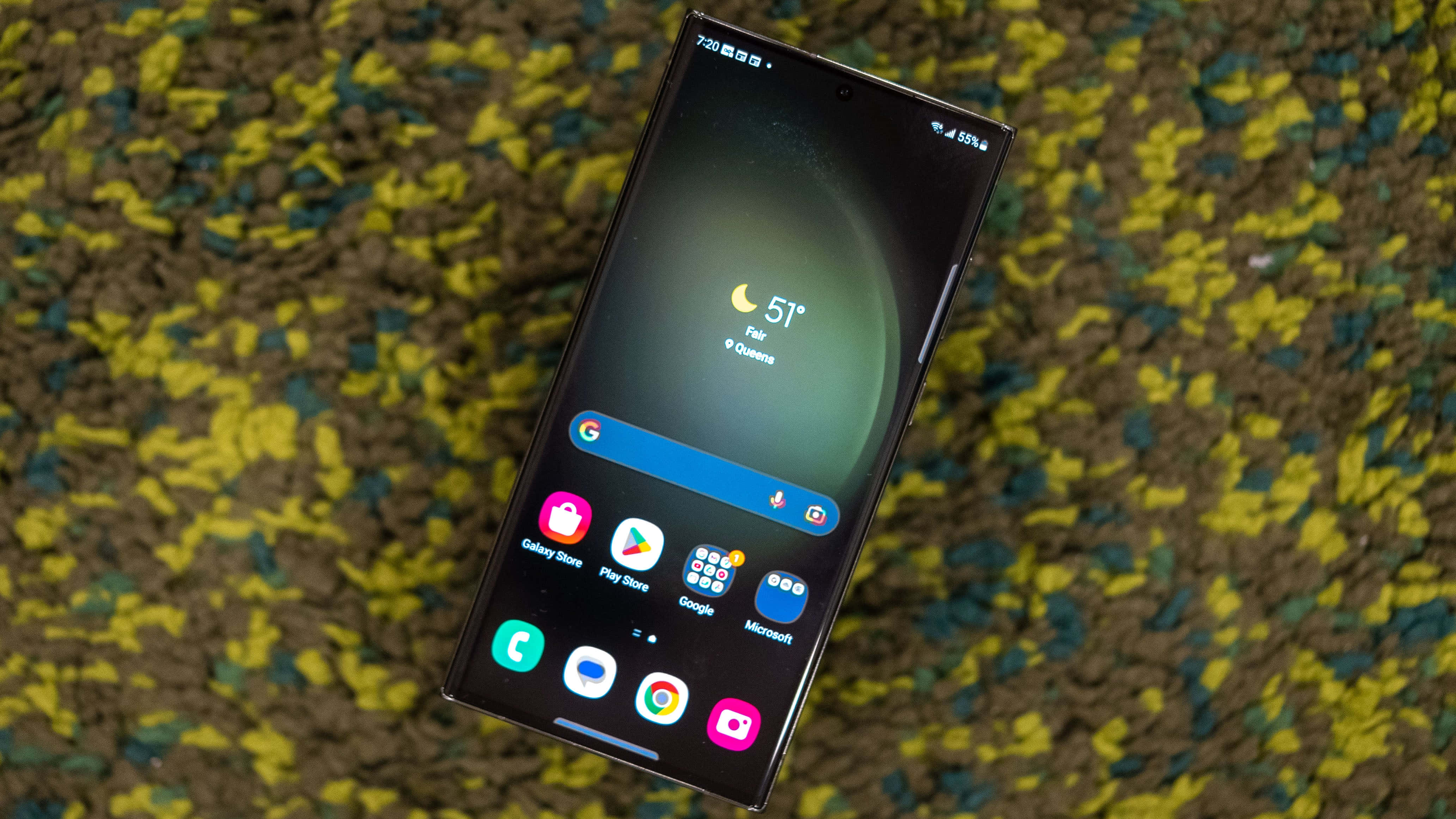 Samsung S23 Ultra, black smartphone, weather widget, 4K Desktop Wallpaper