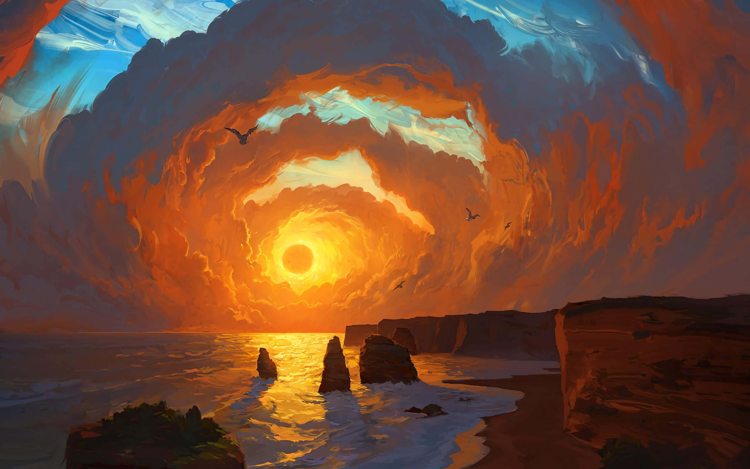 Samsung Tablet, surreal sunset, fiery orange clouds, 2K Desktop Wallpaper
