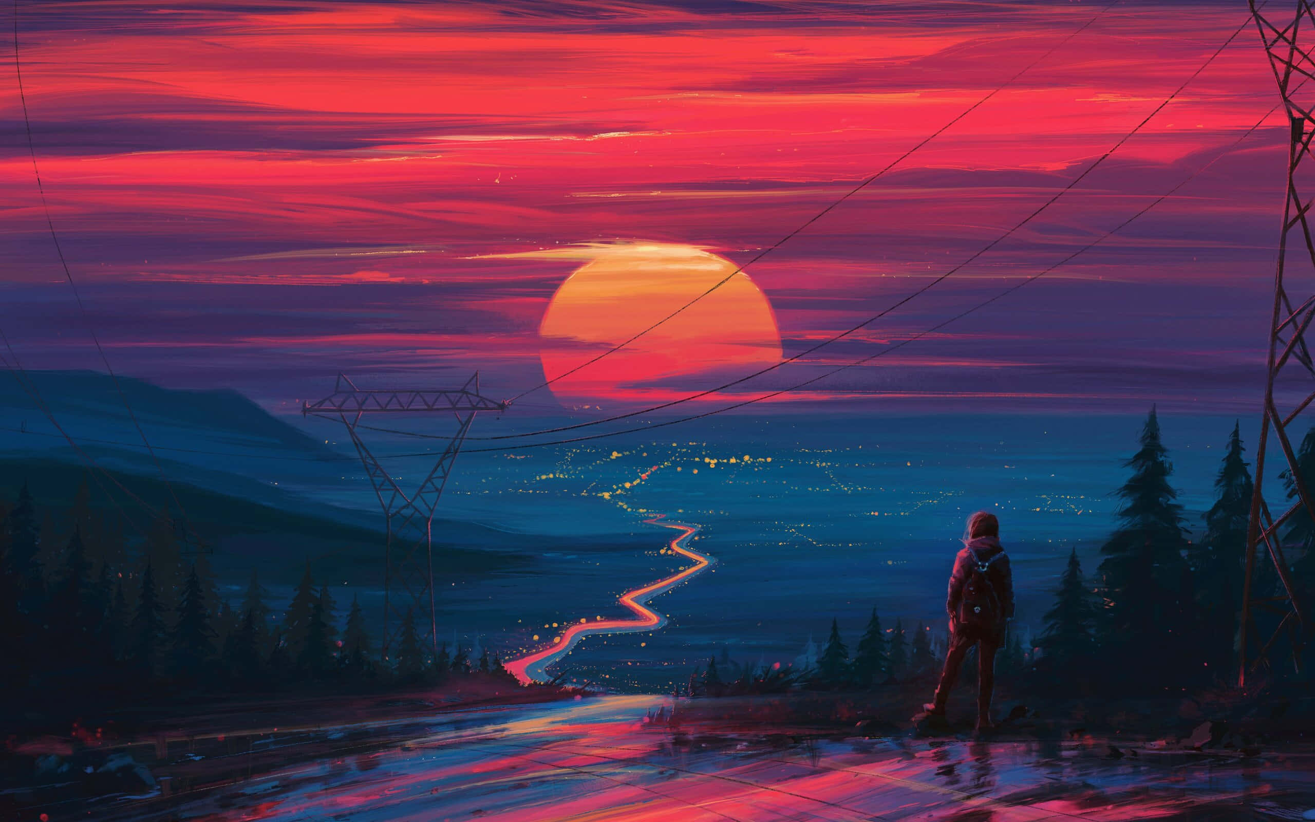 Samsung Tablet, fiery red sunset, wet road, 2K Desktop Wallpaper