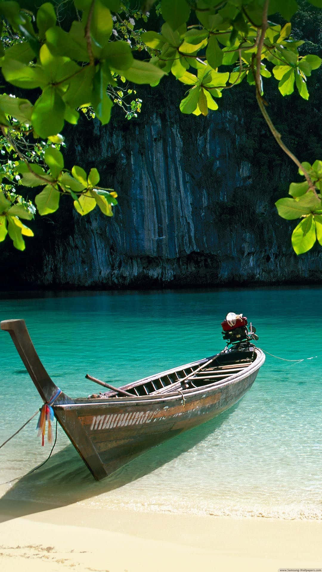 Samsung Galaxy, beach, wooden longtail boat, Full HD Phone Wallpaper