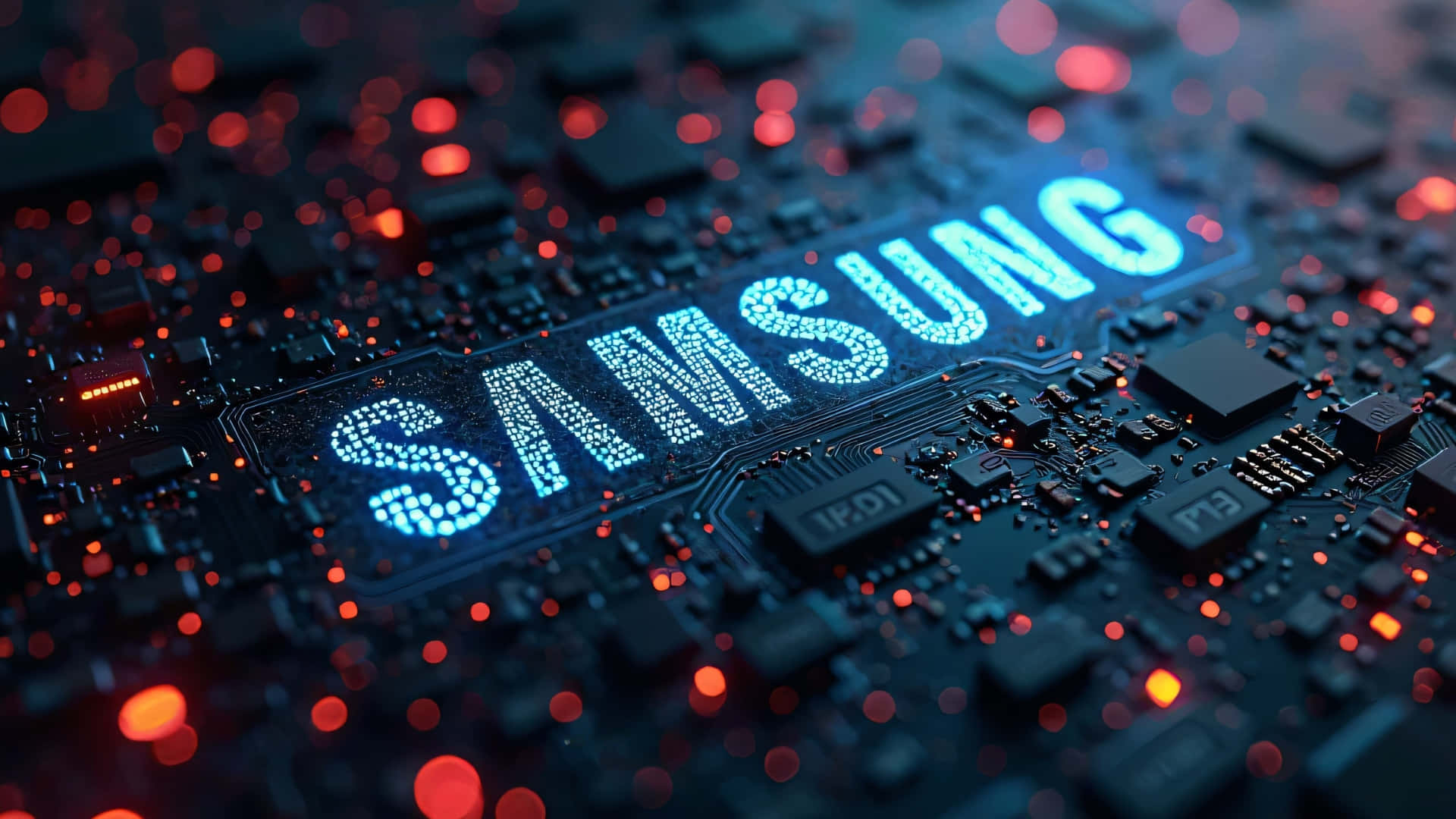 Samsung TV Logo, bright blue dots, dark circuit board, Full HD Desktop Wallpaper