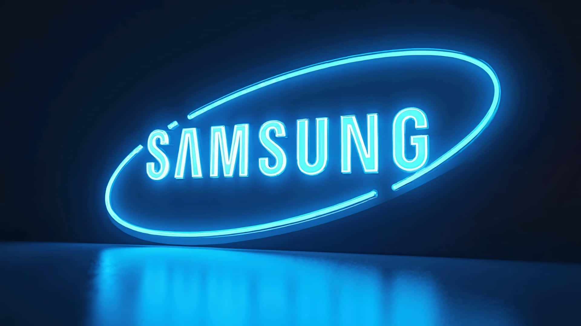 Samsung TV Neon Logo, glowing blue neon, dark glossy surface, Full HD Desktop Wallpaper