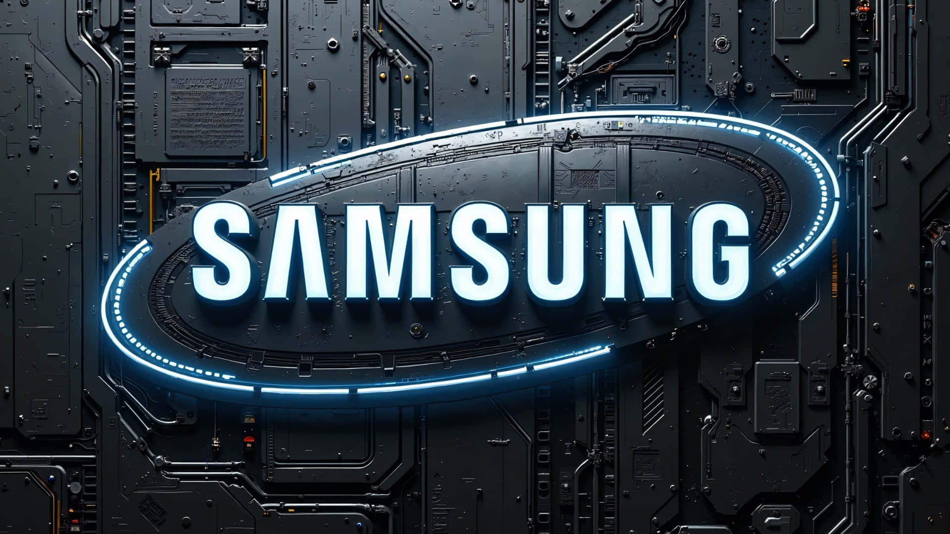 Samsung TV Logo, bright blue neon light, dark gray circuit board background, Full HD Desktop Wallpaper