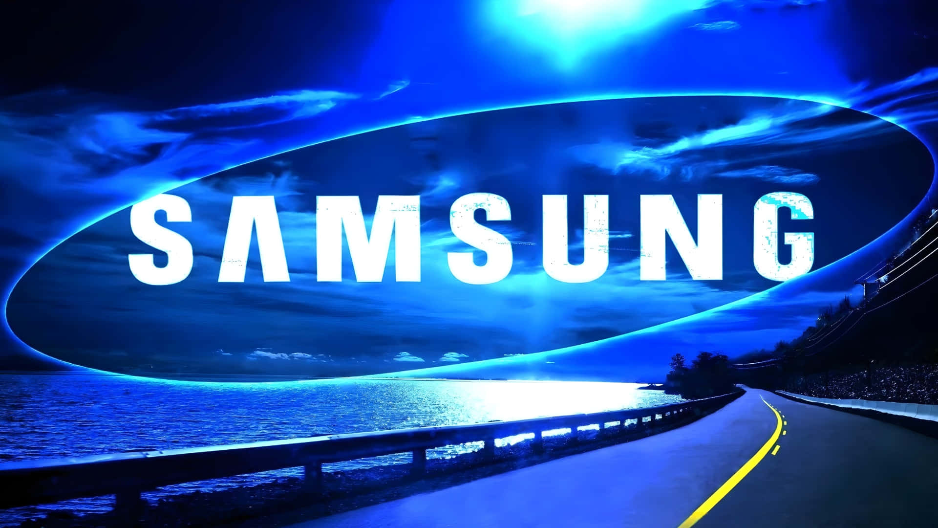 Samsung TV Logo, glowing blue, coastal road, Full HD Desktop Wallpaper