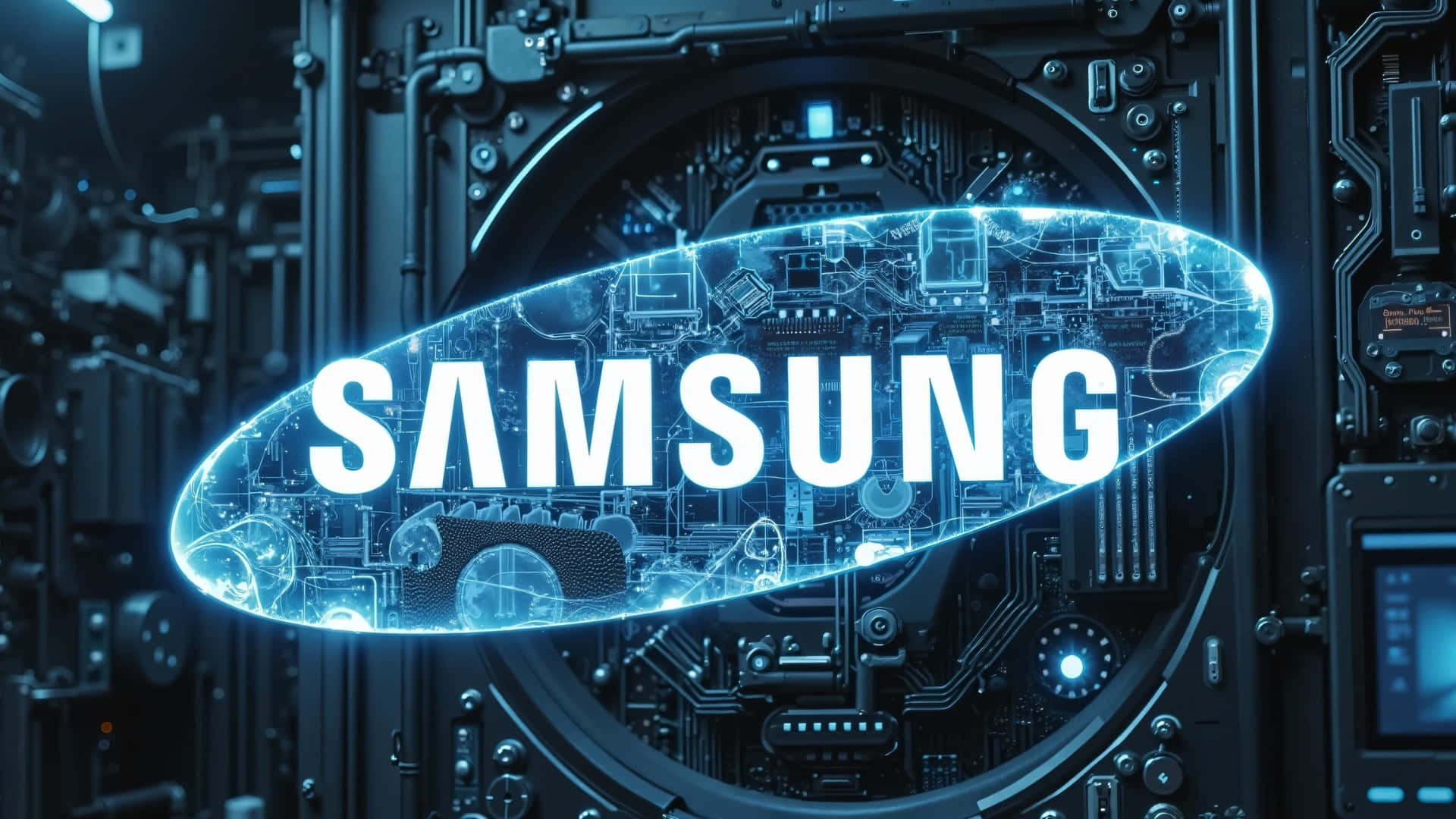 Samsung TV Logo, glowing blue, circuitry, Full HD Desktop Wallpaper