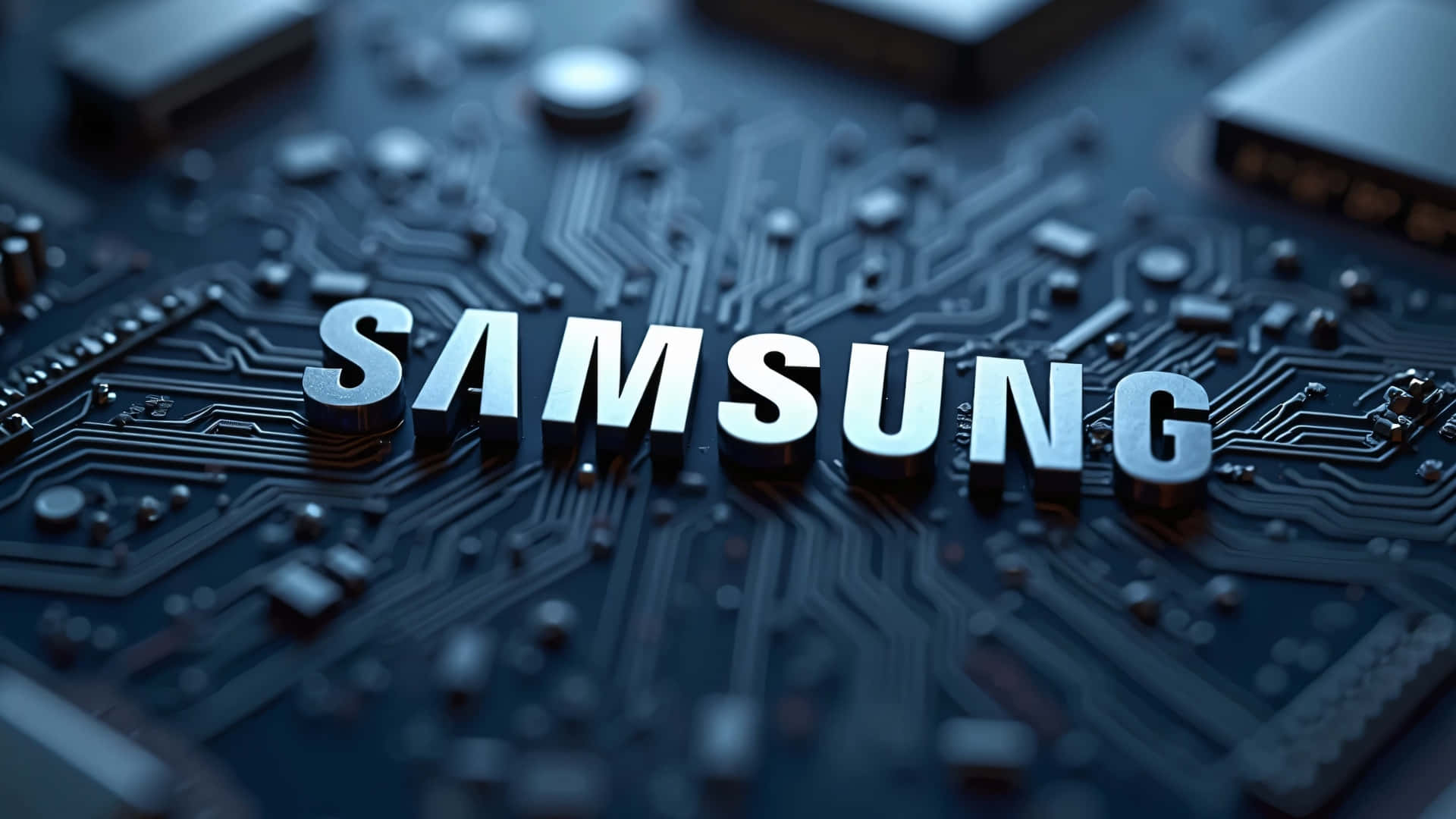 Samsung TV Logo, shiny silver, dark blue circuit board, Full HD Desktop Wallpaper