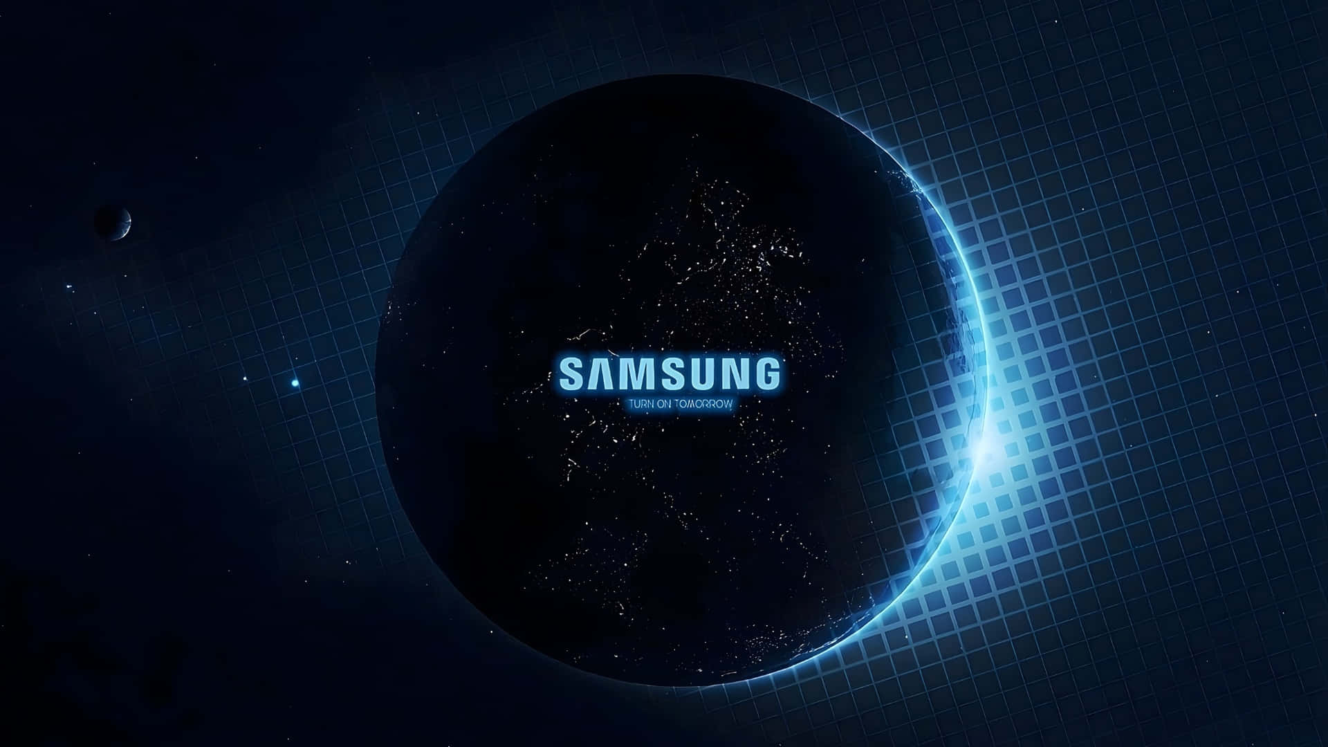 Samsung TV Logo, glowing blue crescent, dark planet, Full HD Desktop Wallpaper