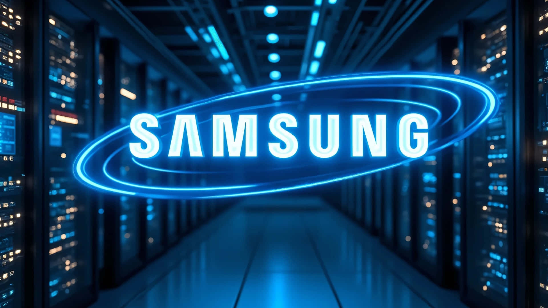 Samsung TV Logo, glowing blue, futuristic server room, Full HD Desktop Wallpaper