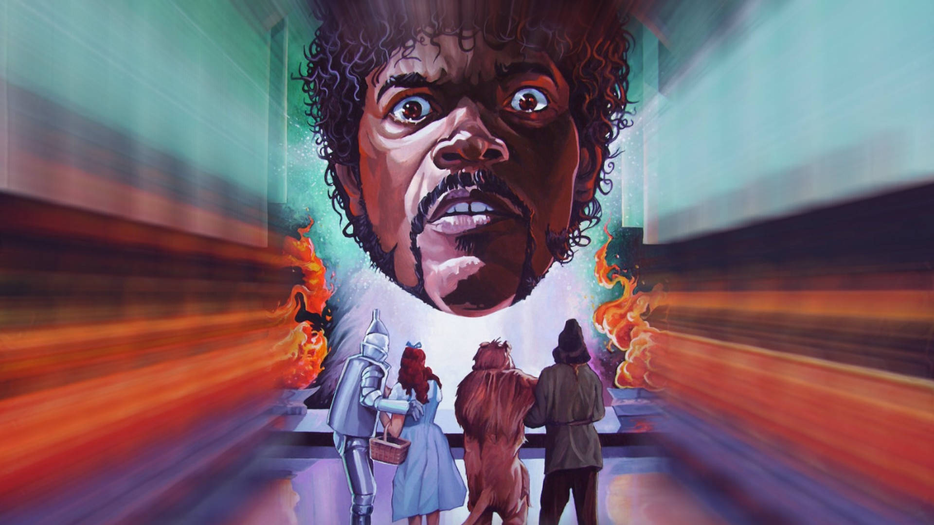 Samuel L Jackson, giant screaming face, fiery explosions, Full HD Desktop Wallpaper