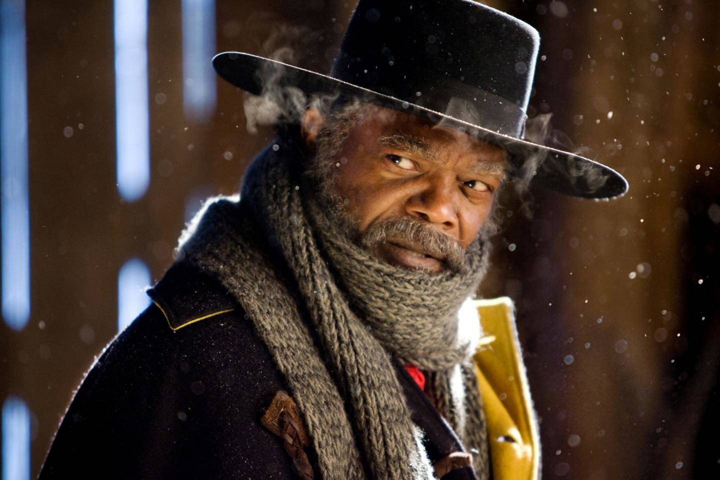 Samuel L Jackson, black western hat, falling snow, HD Desktop Wallpaper