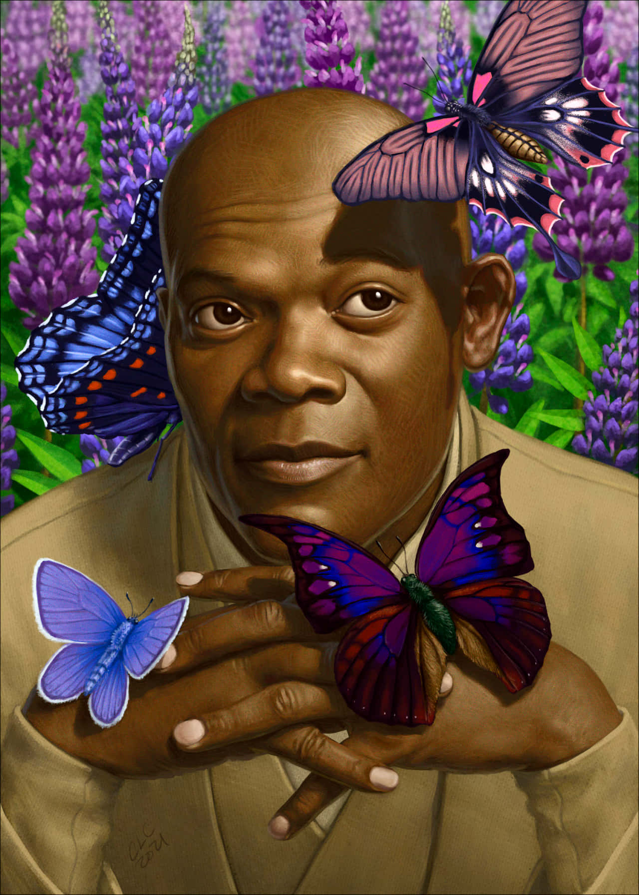 Samuel L Jackson, butterflies, purple lupines, HD Phone Wallpaper