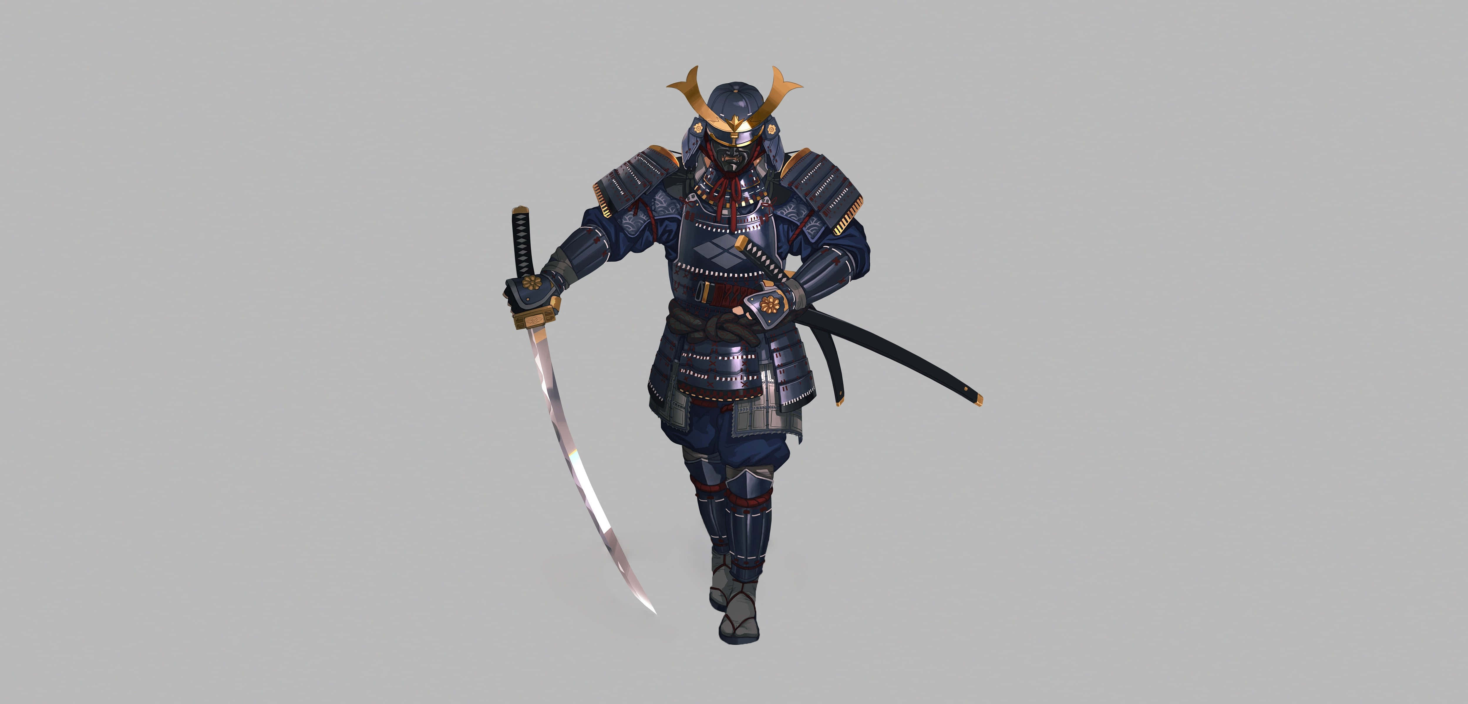samurai armor 5000 x 2400, museum, dark blue armor, 4K Desktop Wallpaper