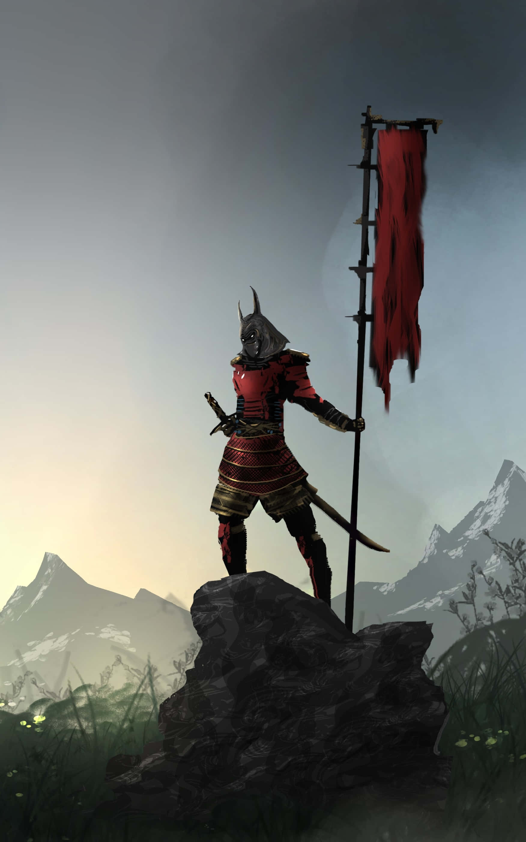samurai armor, red armor, rocky outcrop, 2K Phone Wallpaper