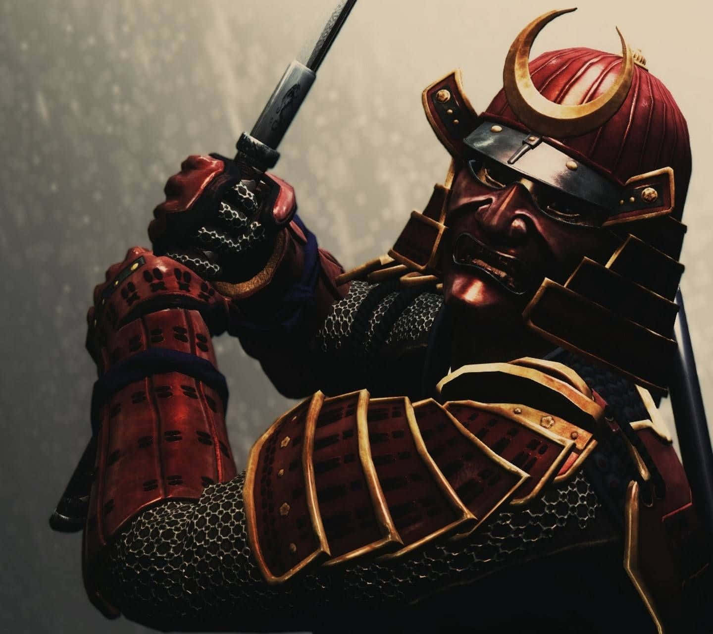 samurai armor, red and gold armor, katana, HD Desktop Wallpaper