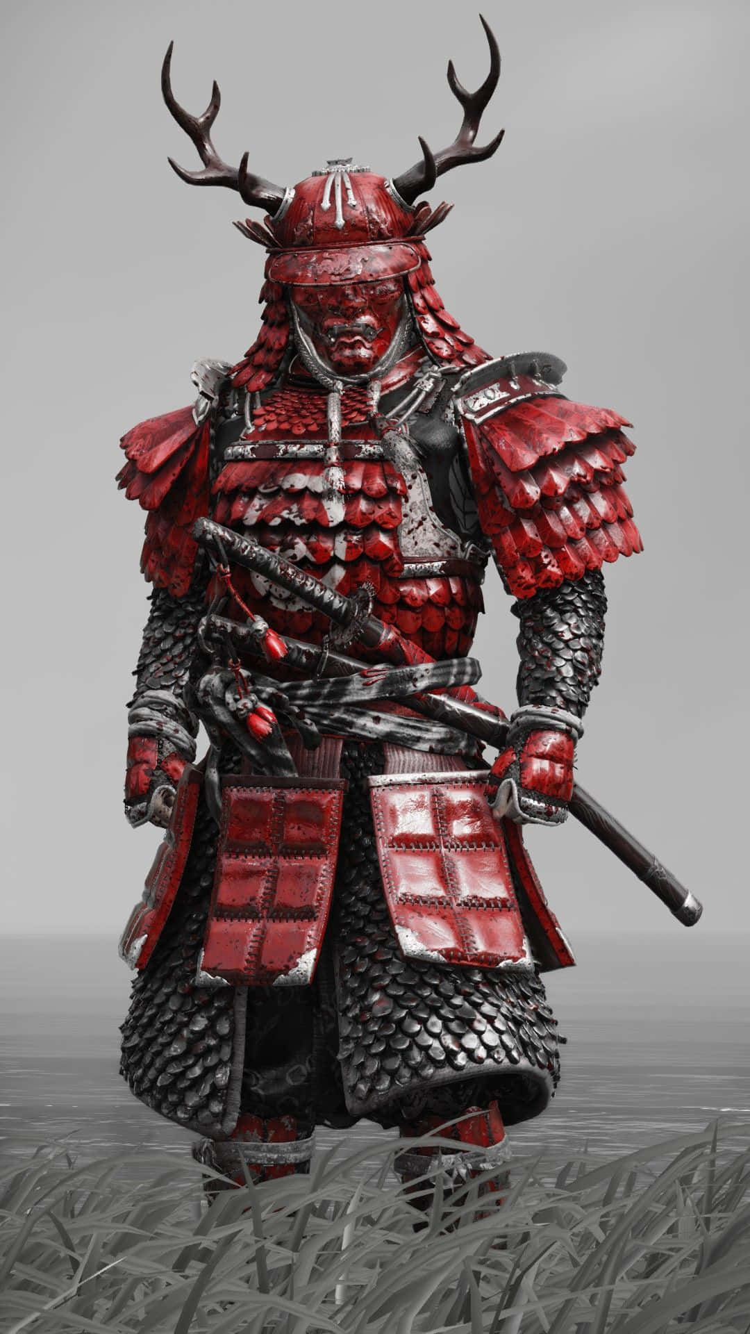samurai warrior, ornate red and black armor, antlered helmet, Full HD Phone Wallpaper