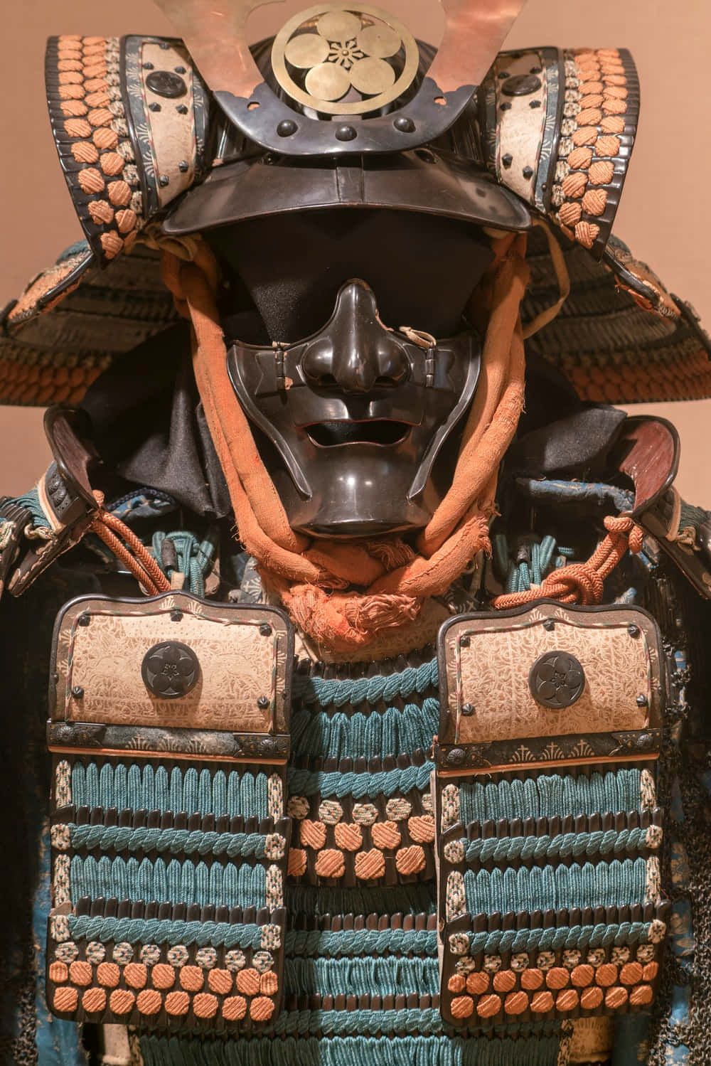 samurai armor, black lacquered mask, blue orange lacing, HD Phone Wallpaper